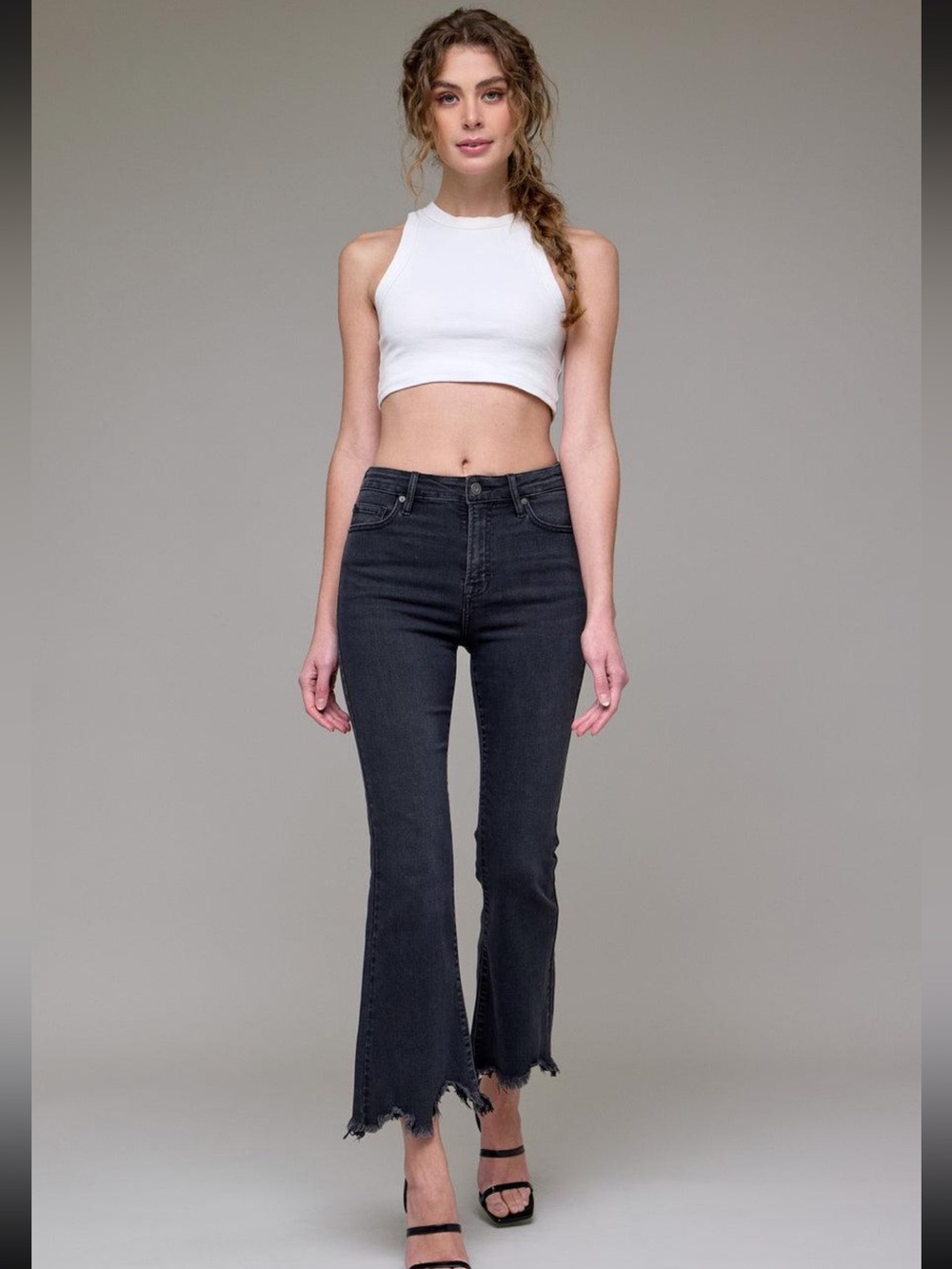 Hidden Jeans Happi Grey Black Frayed Hem Cropped Flare Jeans Size 27